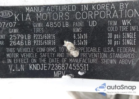 2008 Kia Sportage Lx V6 z USA, uszkodzony, nr VIN KNDJE723687455511